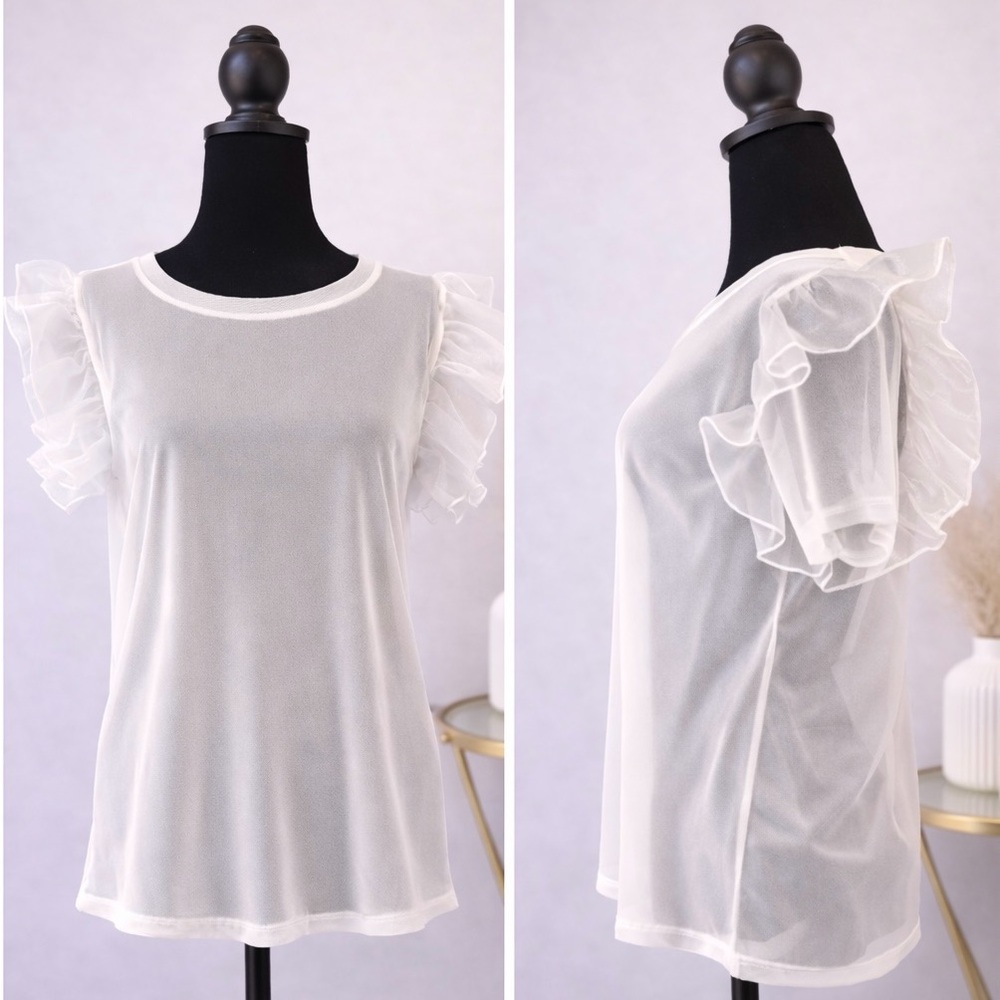 NWT - XL Sheer White Ruffle Sleeve Blouse, Elegant Lightweight Top